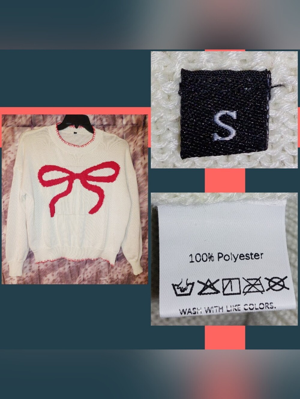 Unbranded Cream w/Red Bow Design Soft Knit Pullover Crewneck Sweater Sz Small